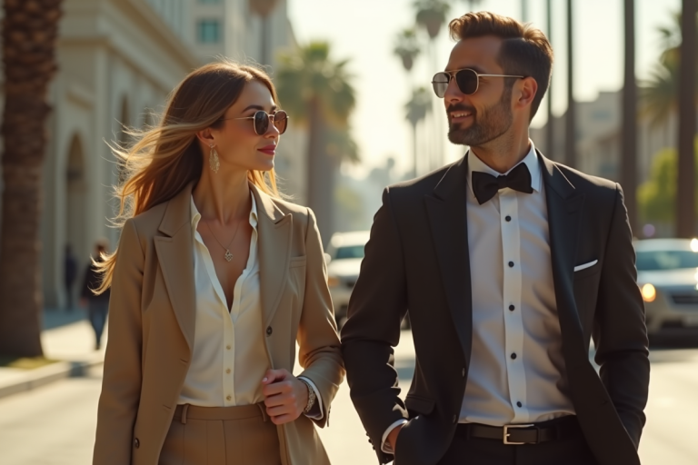 Femme élégante marchant avec un homme à Los Angeles