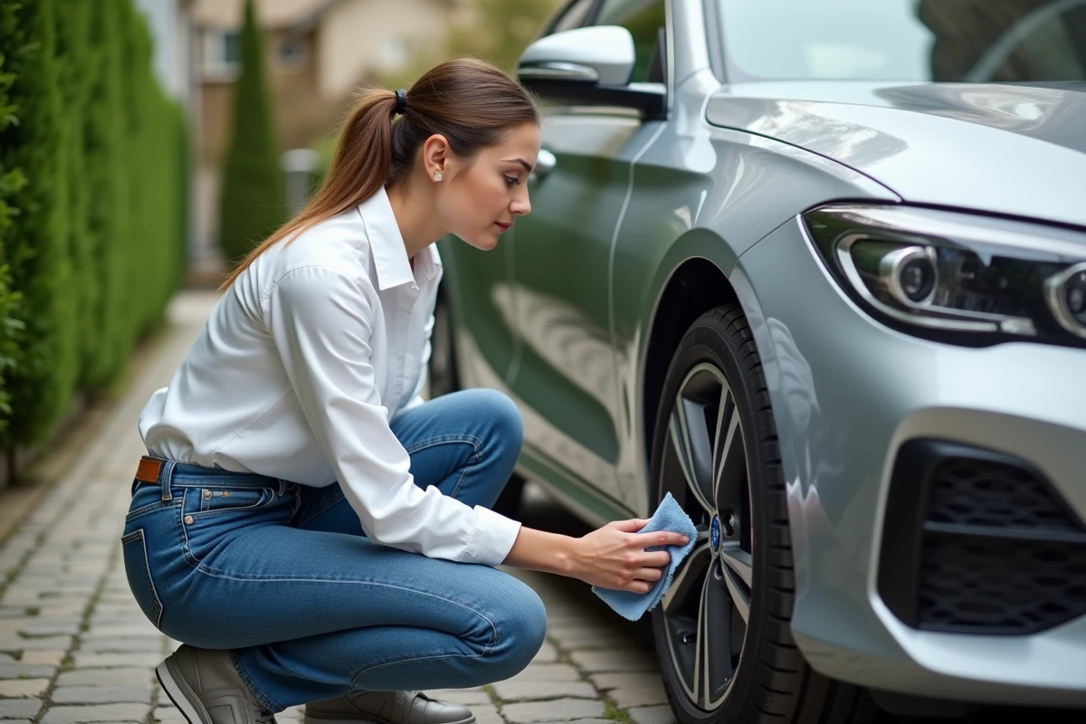 Jeune femme appliquant du polish sur une roue de voiture moderne