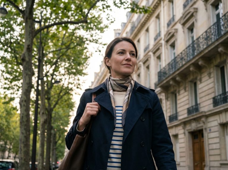 Femme parisienne élégante en trench bleu dans la rue