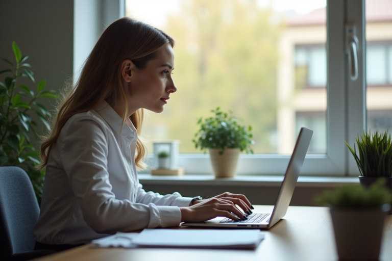 Jeune femme professionnelle au bureau avec ordinateur et modules de formation