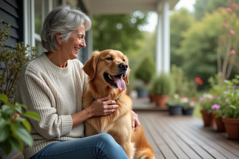 Femme avec retriever sur la terrasse en extérieur