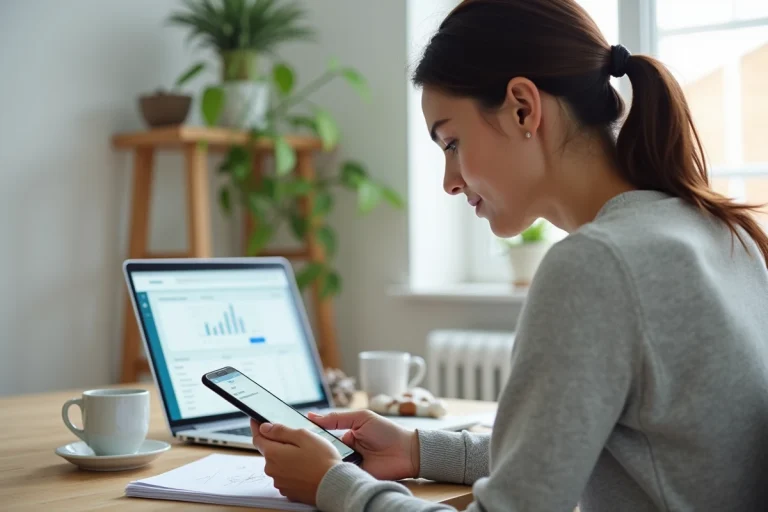Femme téléchargeant l'application Mon Proxima sur son smartphone depuis un bureau à domicile
