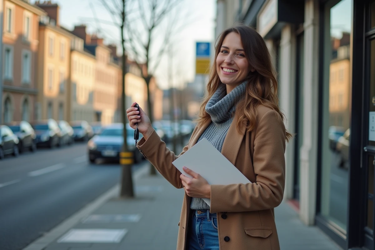 Femme souriante avec clés de voiture devant école de conduite