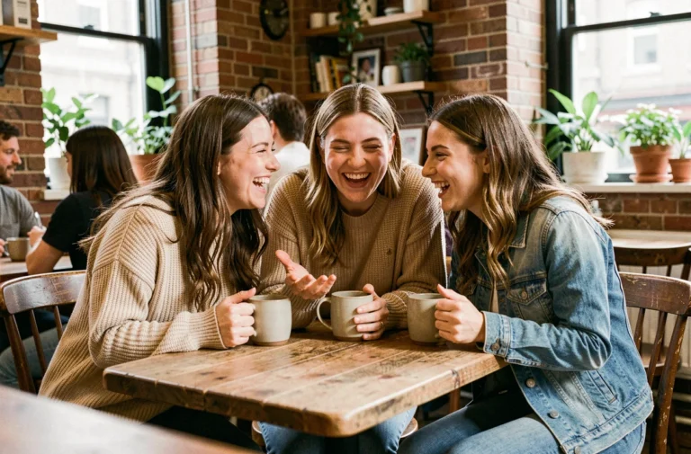 Trois femmes complices partagent des confidences et rires autour d'un café dans un bistrot chaleureux