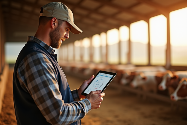 Fermier dans une grange moderne utilisant une tablette