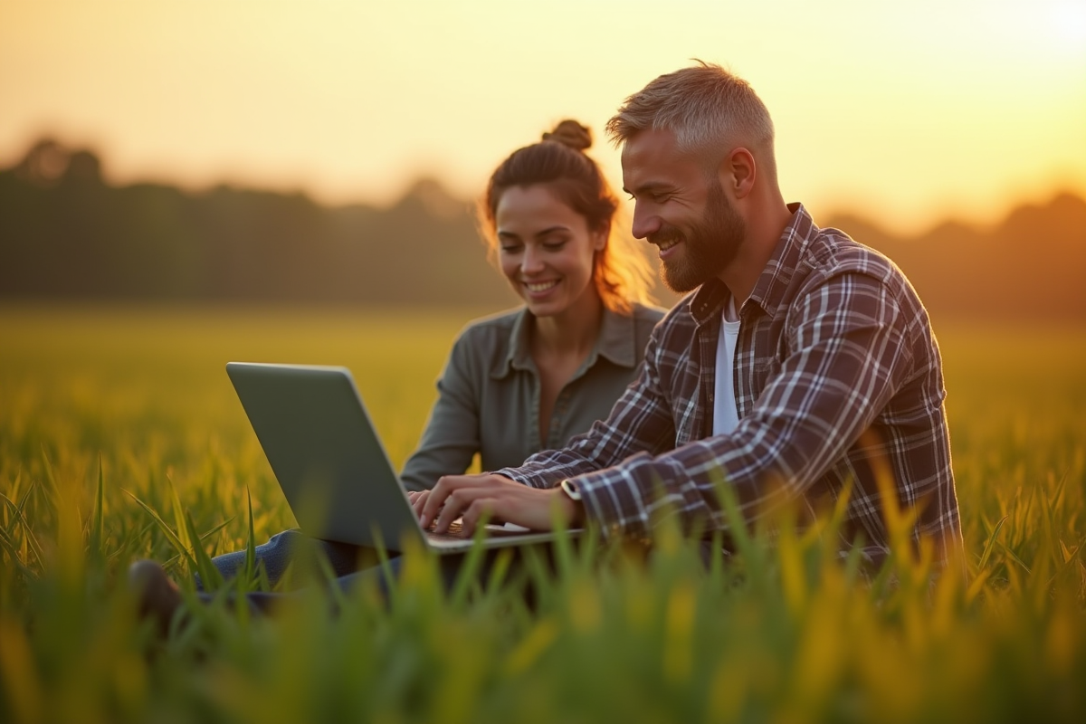 Deux fermiers dans un champ regardant un ordinateur portable