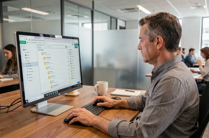 Homme en entreprise organisant ses documents numériques sur un tableau de bord de gestion documentaire depuis un ordinateur de bureau