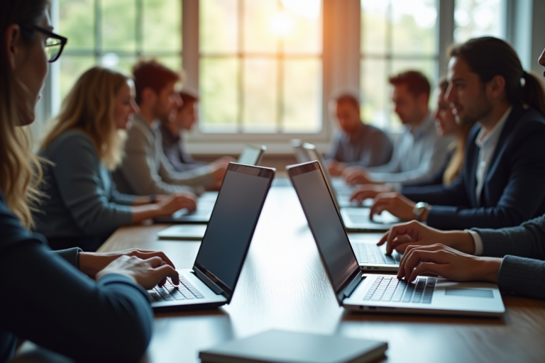 Groupe d'adultes divers travaillant sur des laptops en réunion