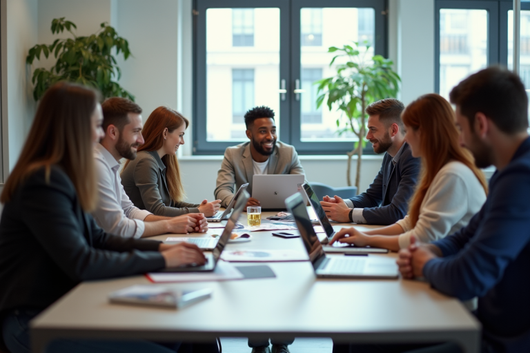 Groupe de personnes discutant autour d'une table moderne