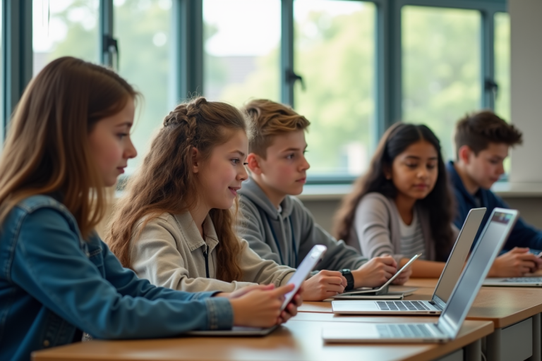 Groupe d'élèves du lycée utilisant tablettes et ordinateurs en classe