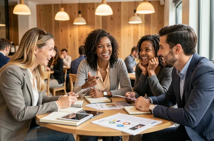Groupe d'entrepreneurs collaborant autour de ressources business dans un espace de réunion convivial