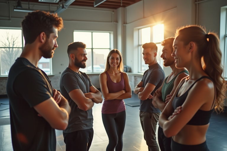 Groupe d'entrepreneurs fitness collaborant dans une salle lumineuse