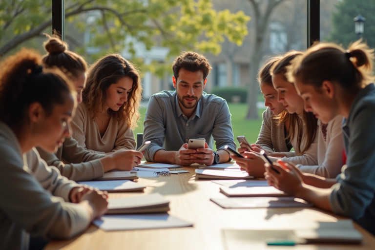 Groupe d'étudiants divers utilisant leurs smartphones en plein jour