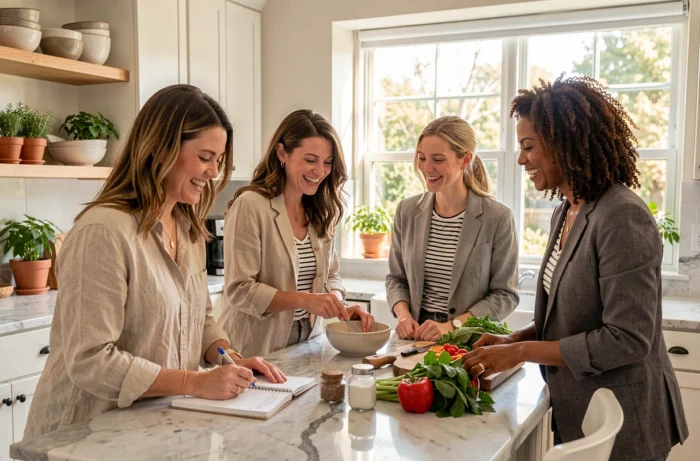 Groupe de femmes partageant des recettes et moments de complicité autour d'une cuisine conviviale
