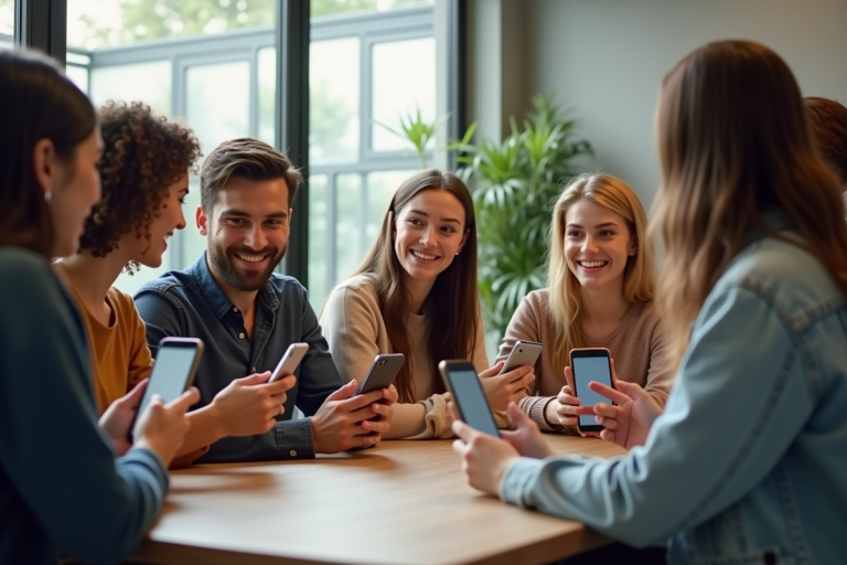 Groupe de jeunes souriants autour d'une table avec smartphones