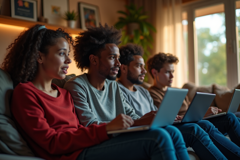 Groupe de jeunes regardant un match sportif en ligne à la maison