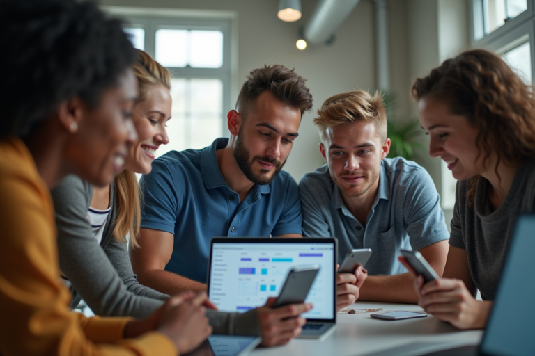 Groupe de jeunes analysant des statistiques sportives sur un ordinateur