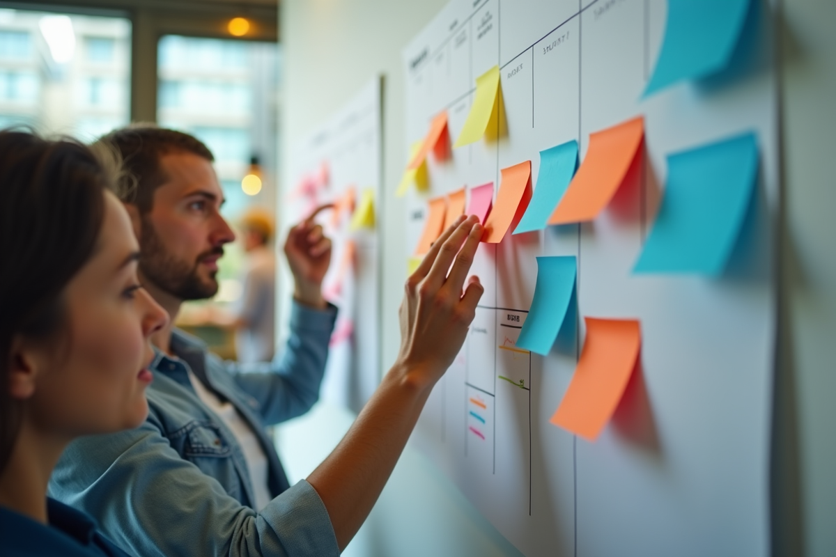 Groupe de mains collant des notes colorées sur un calendrier