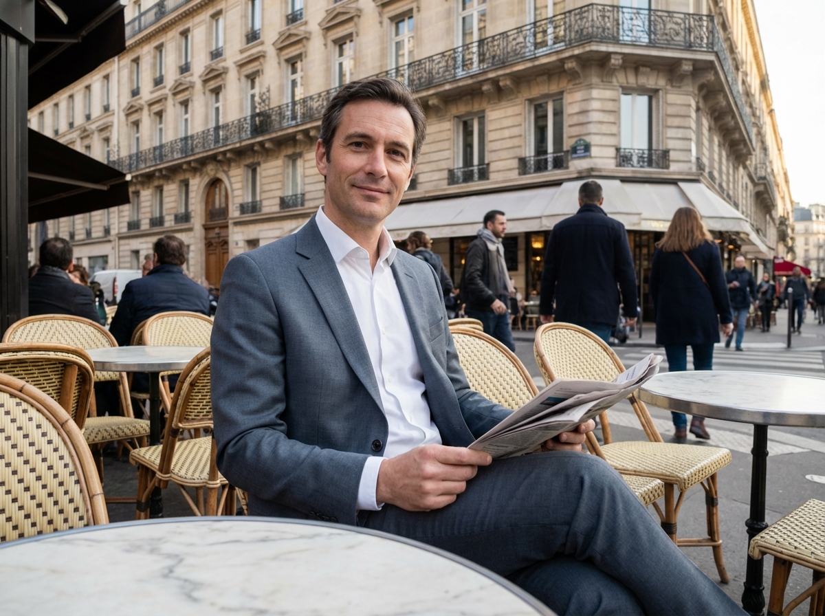 Homme français lisant au café terrasse en costume gris