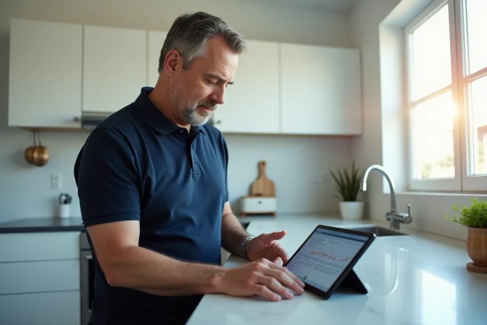 Homme gérant ses comptes sur tablette avec l'application Mon Proxima dans une cuisine moderne