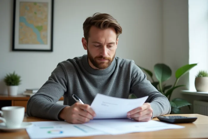 Homme lisant attentivement un contrat de prêt immobilier à son bureau à domicile avec calculatrice et stylo