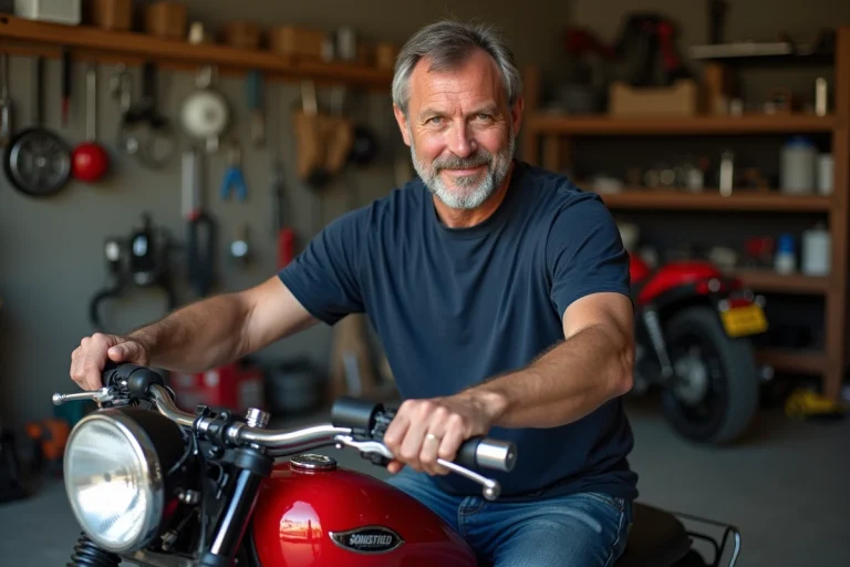 Homme polissant une moto vintage rouge dans un garage organisé