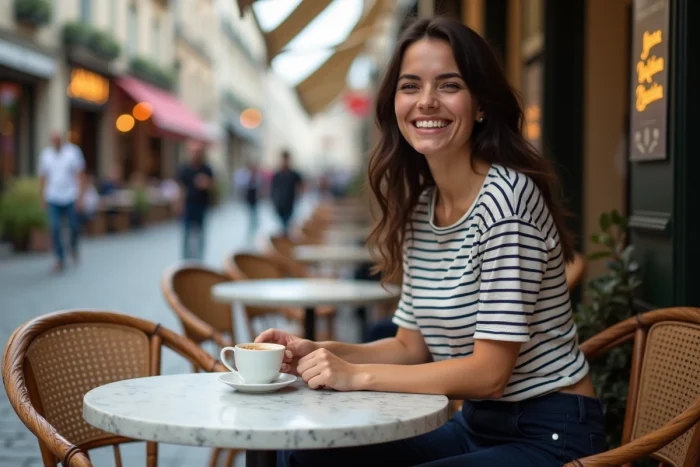 Jeune femme en marinière rayée à la terrasse d'un café parisien, souriant naturellement avec un espresso, style beauté française authentique