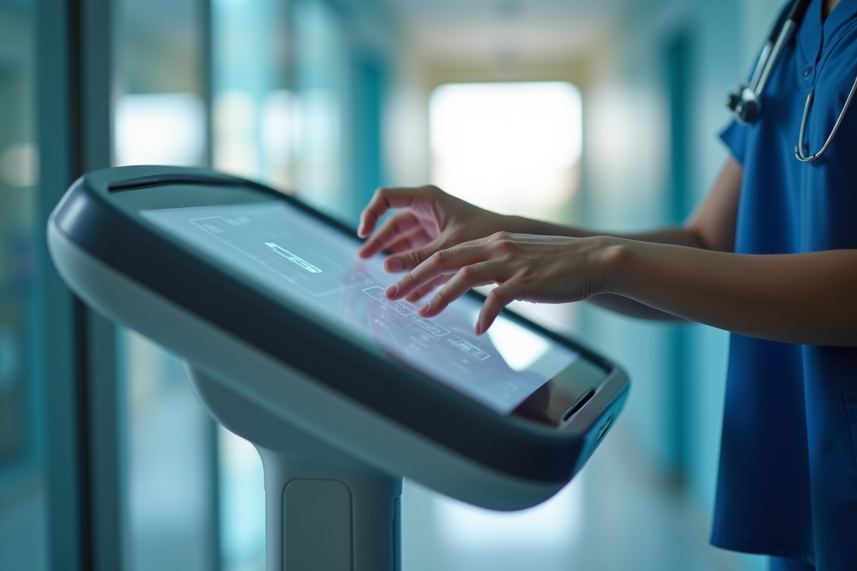 Infirmière utilisant un dispositif médical numérique dans un couloir