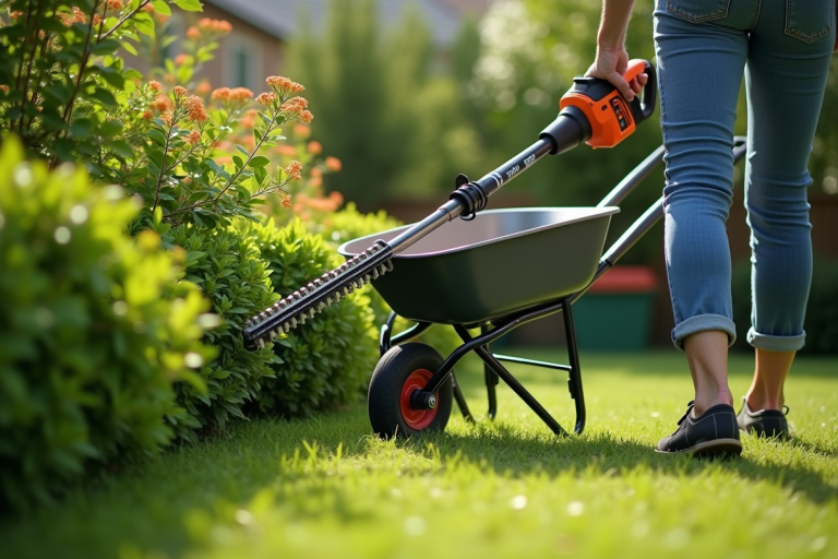 Personne utilisant une brouette moderne et une taille-haie électrique dans un jardin verdoyant
