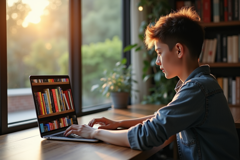 Jeune adulte au bureau avec ordinateur et ebooks colorés