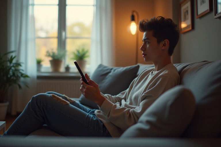 Jeune adulte regardant une série sur smartphone dans un salon lumineux