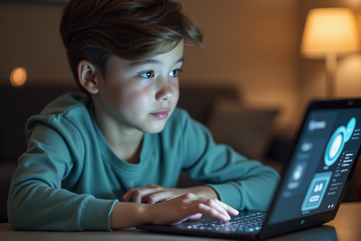 Jeune consommateur utilisant un chatbot sur son ordinateur portable