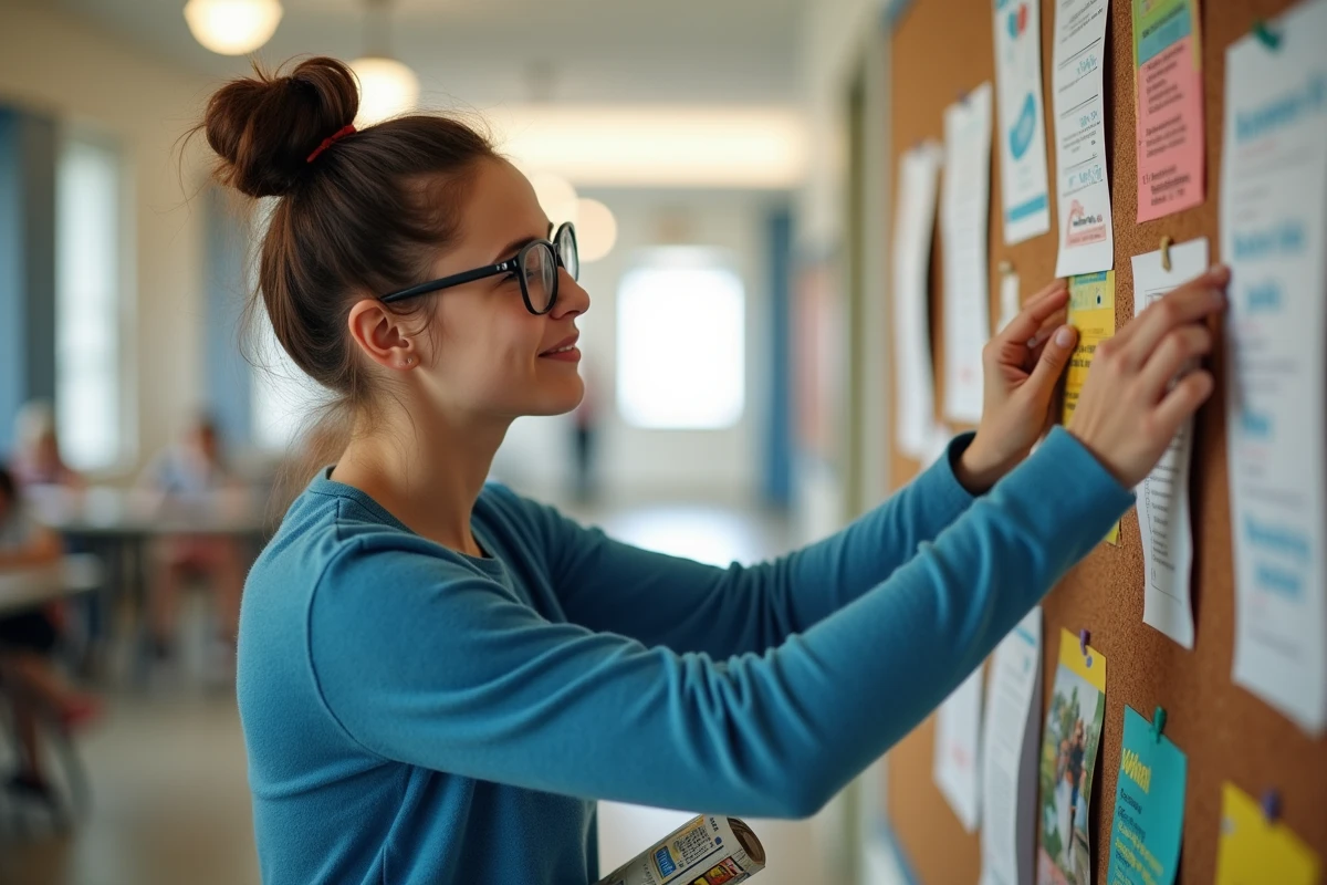 Jeune femme accrochant des posters sur un tableau d