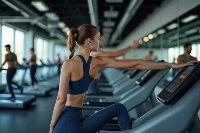 Une jeune femme de 17 ans s'étire avant sa séance d'entraînement dans une grande salle de sport moderne