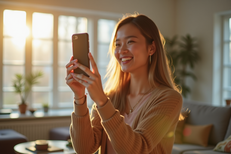 Jeune influenceur enregistrant une vidéo dans un salon lumineux