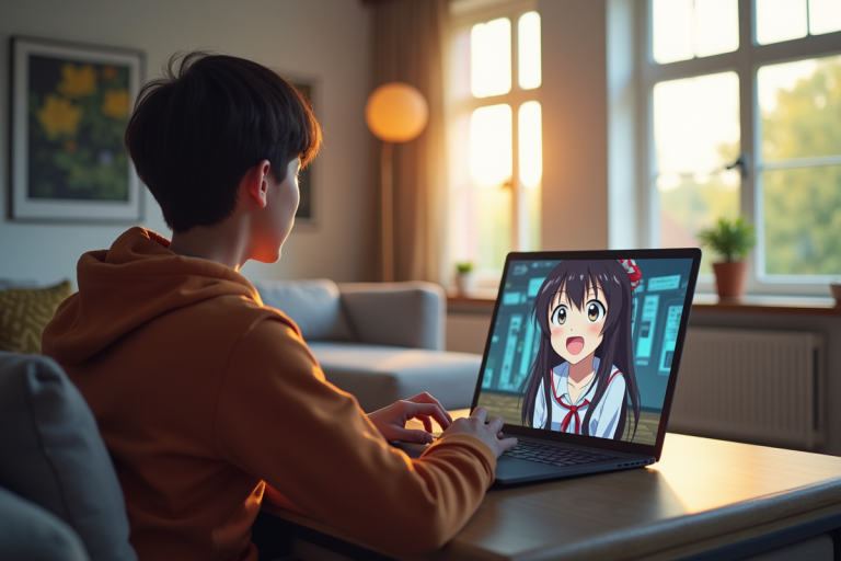 Jeune personne regardant anime sur un laptop lumineux