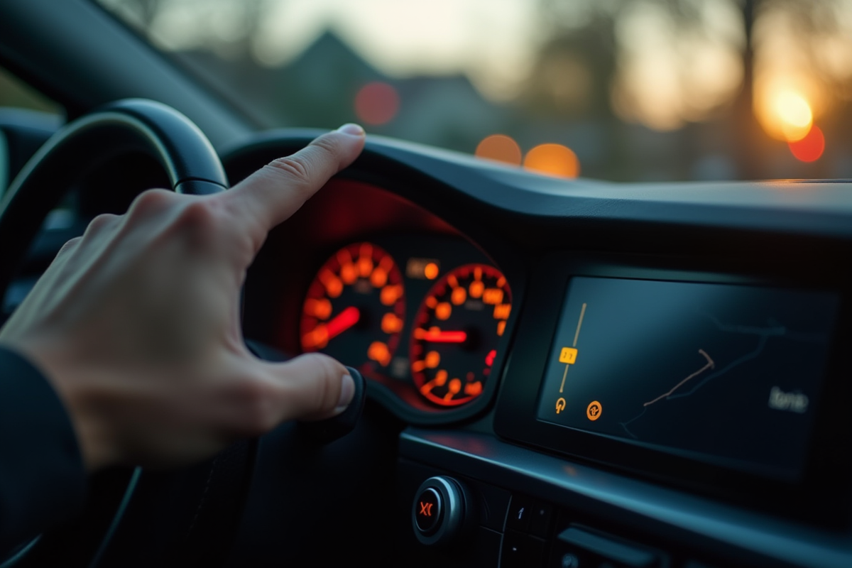 Main du conducteur touchant un voyant d
