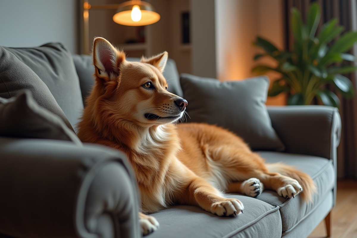 Chat Maine relaxant sur un sofa en velours dans un salon moderne