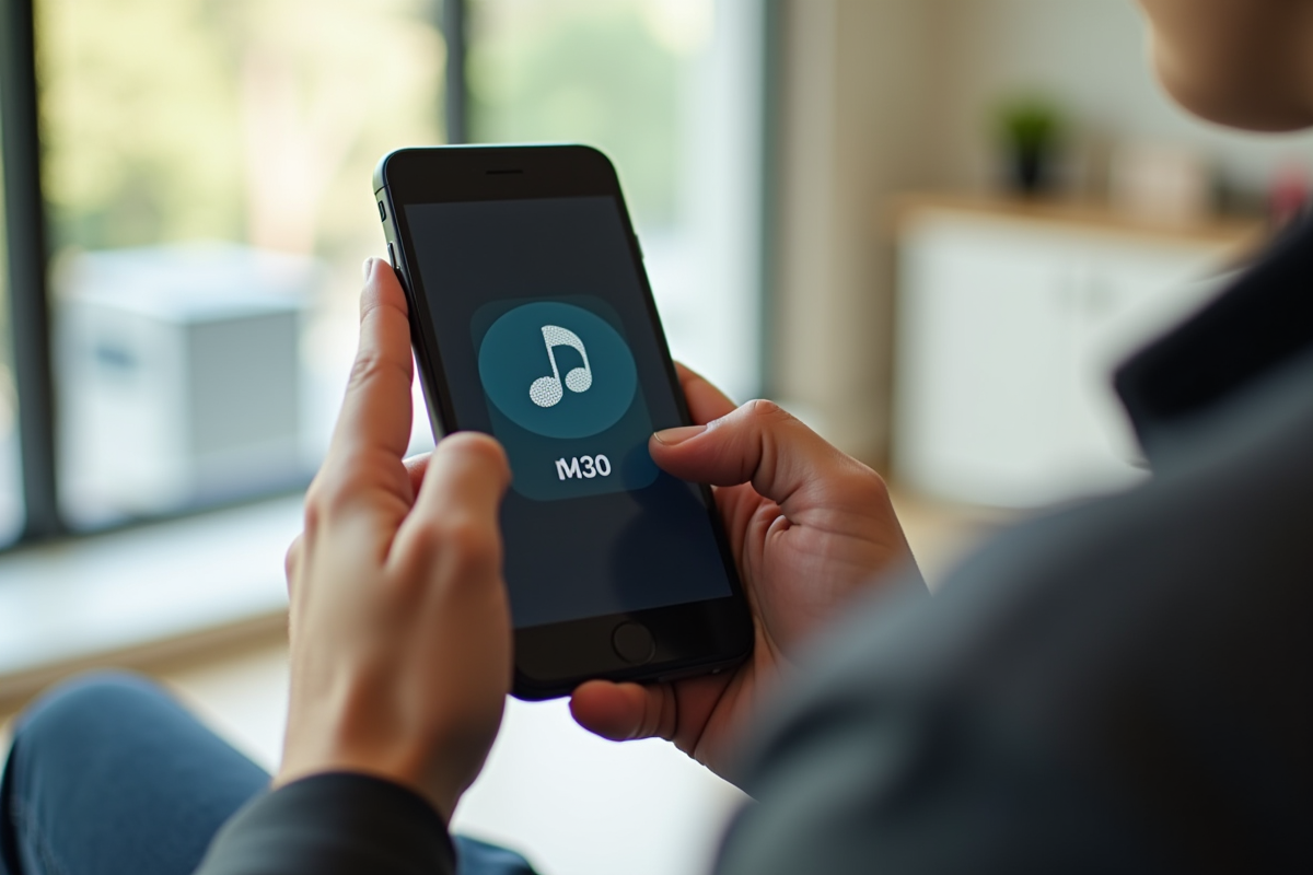 Mains tenant un smartphone affichant un téléchargement MP3 en cours