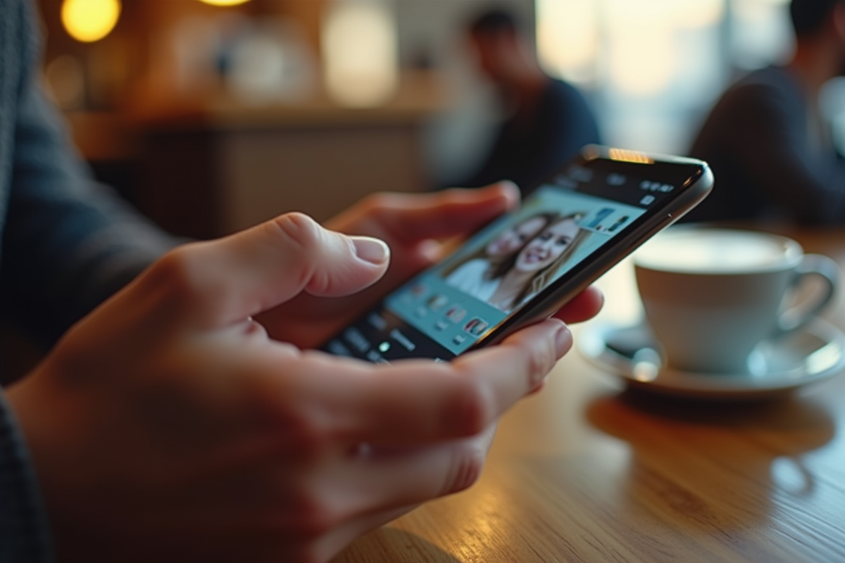 Mains tenant un smartphone avec interface de streaming dans un café
