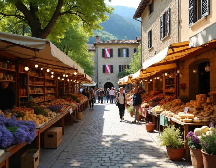Marché artisanal provençal sur la place du village de Veynes avec producteurs locaux et mairie en pierre