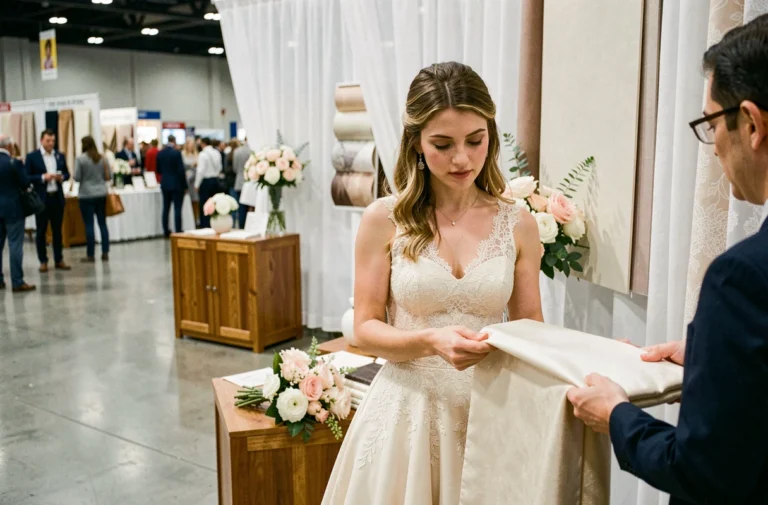 Jeune mariée en robe de dentelle ivoire explorant les stands d'un salon du mariage avec une consultante