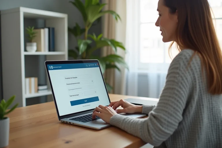 Femme mettant à jour ses coordonnées bancaires sur le portail France Travail depuis son bureau à domicile