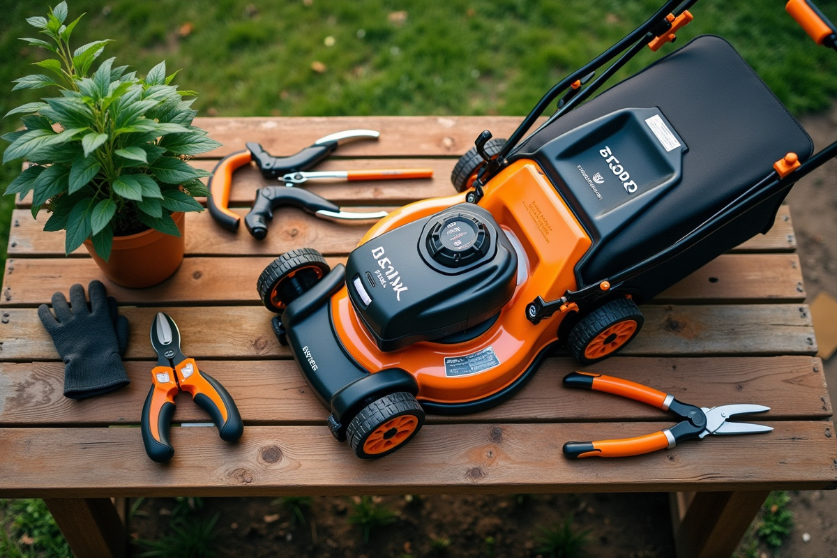 Outils de jardinage organisés sur une table en bois en plein air
