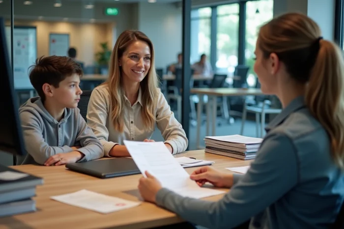 Une mère et son fils adolescent signent un contrat d'adhésion dans le bureau d'une salle de sport avec un conseiller
