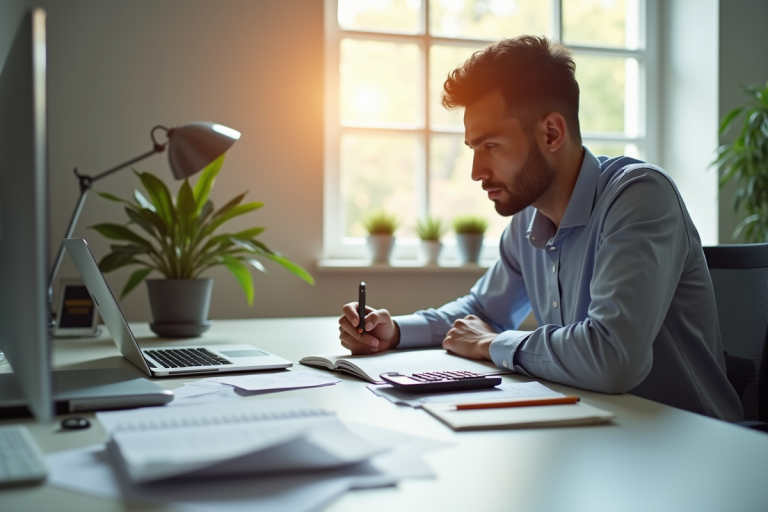 Personne analysant finances avec ordinateur et reçus