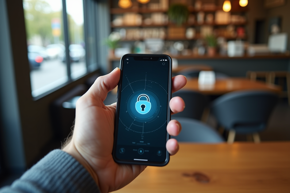 Personne utilisant un smartphone avec une application VPN dans un café urbain