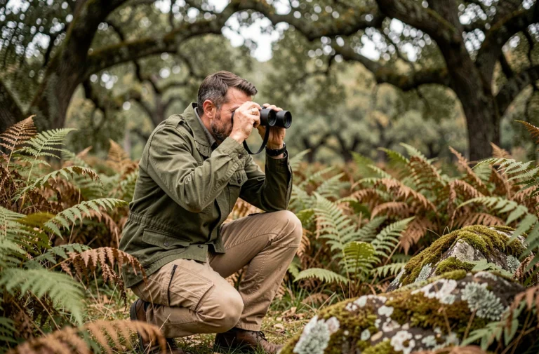 Photographe animalier accroupi en forêt observant la faune sauvage avec des jumelles