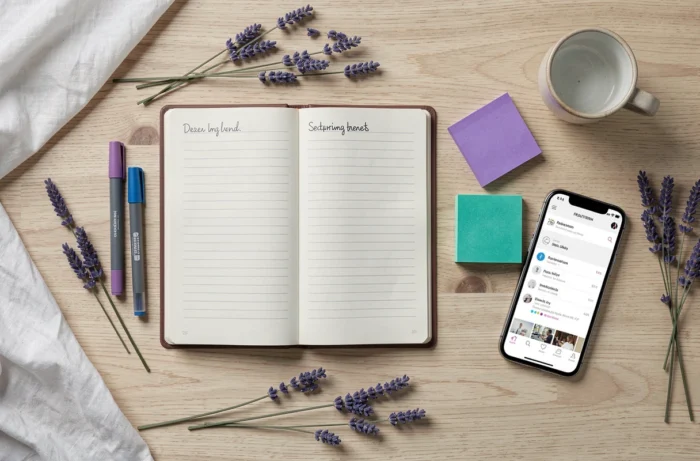 Vue à plat de matériaux de planification éditoriale pour un site blog avec cahier, smartphone affichant un menu de navigation et accessoires violets