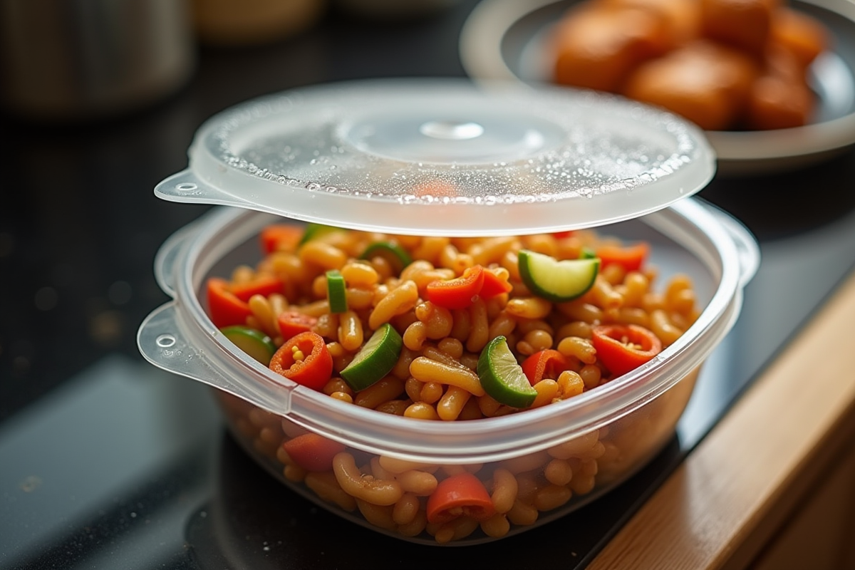 Contenant micro-ondable avec stirfry coloré et condensation
